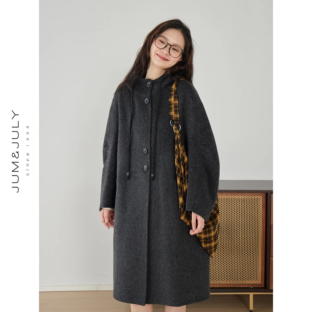 【夜幕流星】2024连帽双面呢大衣女小个子双面羊毛外套长款D1009