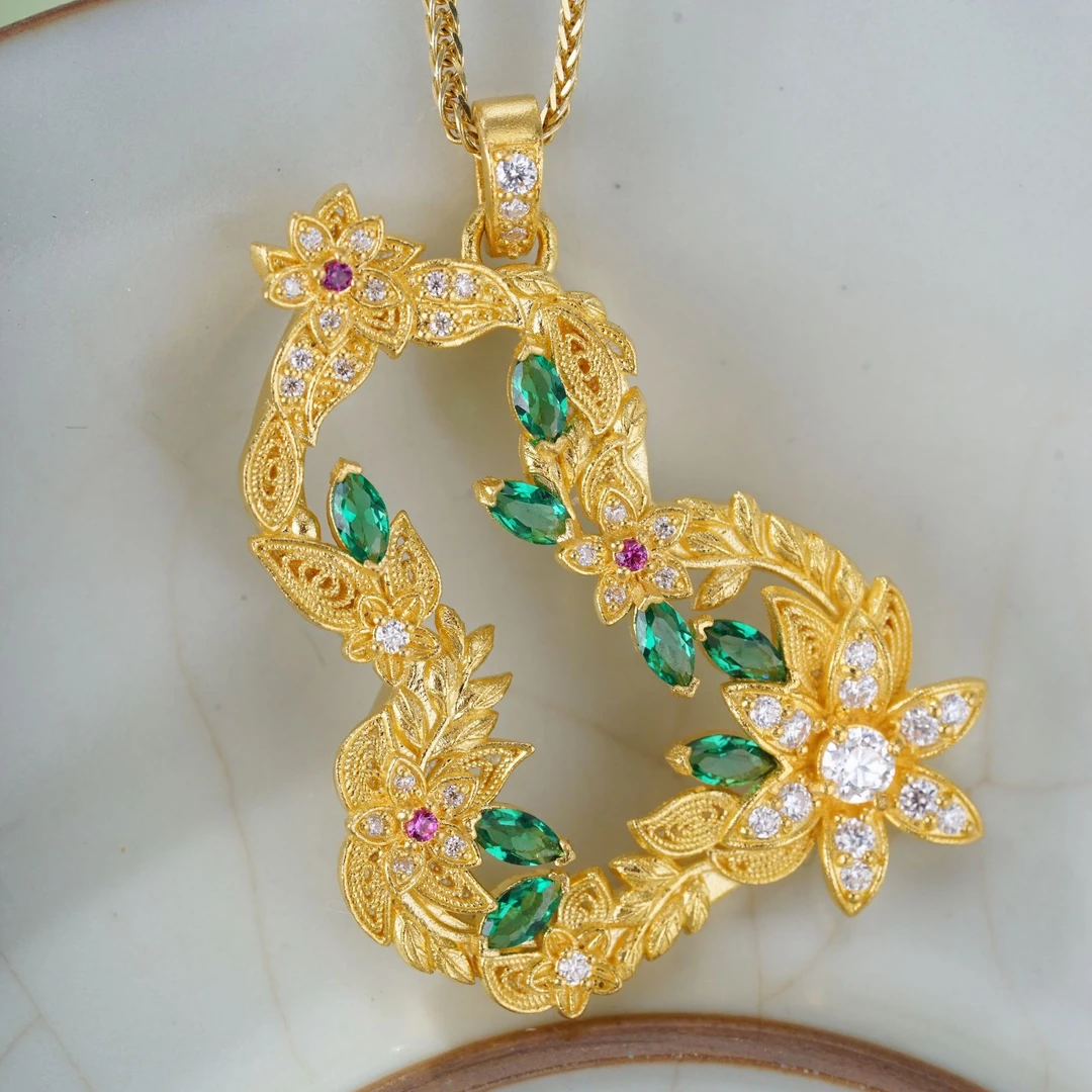 足金999古法镶嵌花藤葫芦吊坠