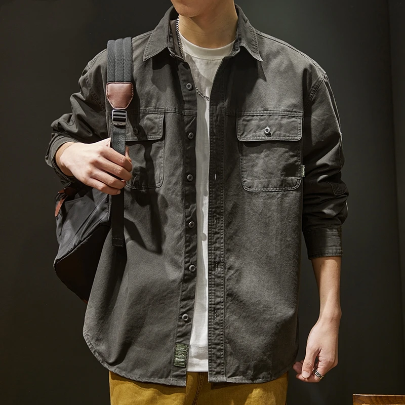 【嘉尔推荐】美式潮牌衬衫外套男宽松长袖男士工装大码休闲衬衣潮
