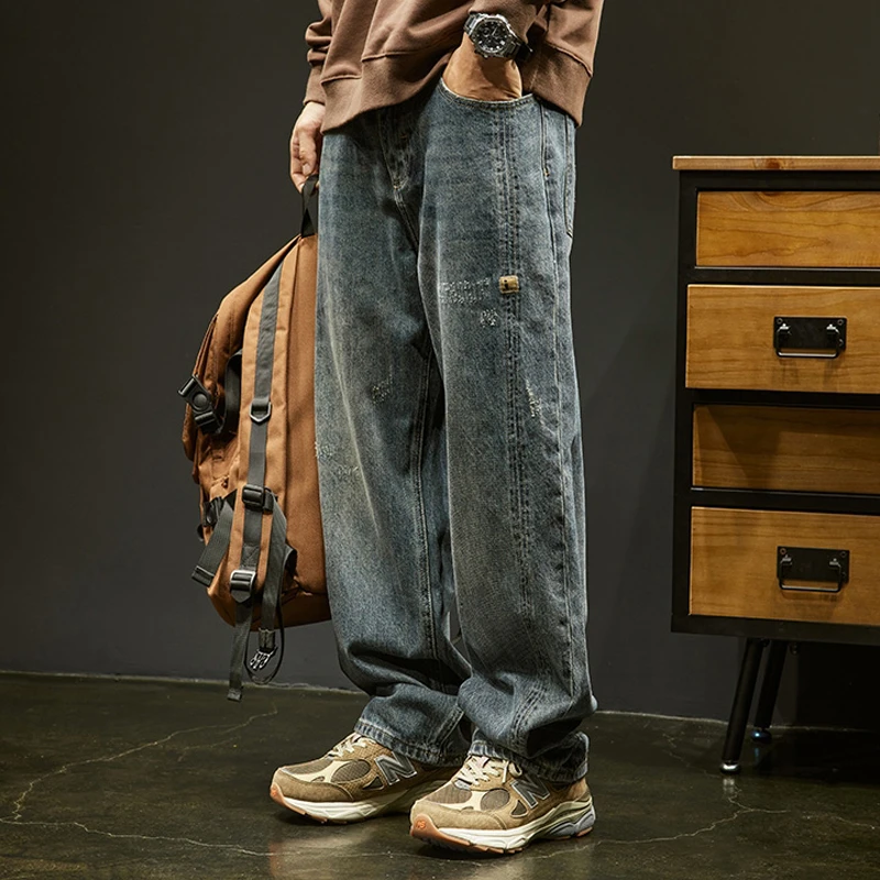 潮牌新款复古牛仔裤男宽松大码男士直筒阔腿裤做旧男款休闲长裤子