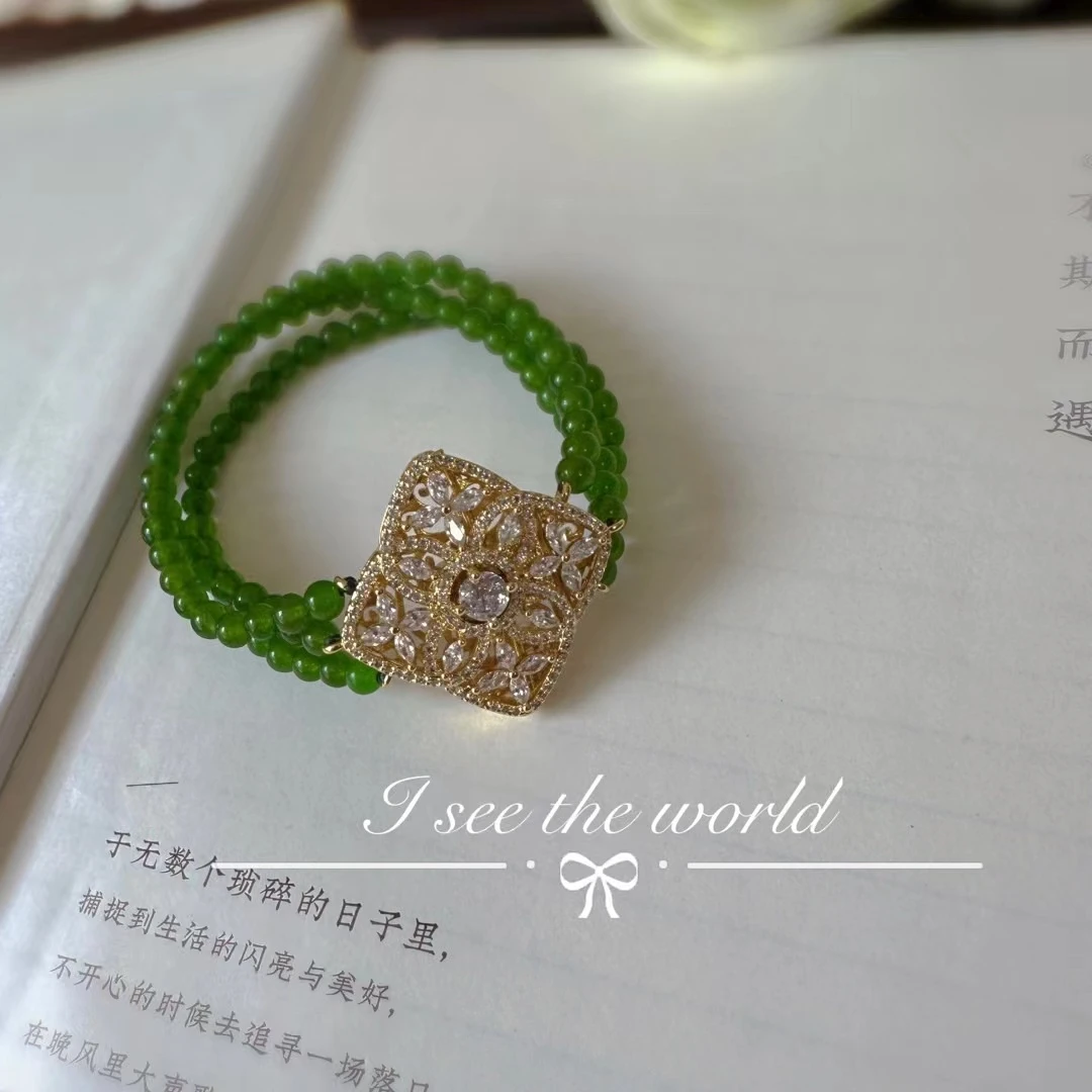 铜合金仿水晶手链 网红款手工设计绿色百搭编织精致小众女手链
