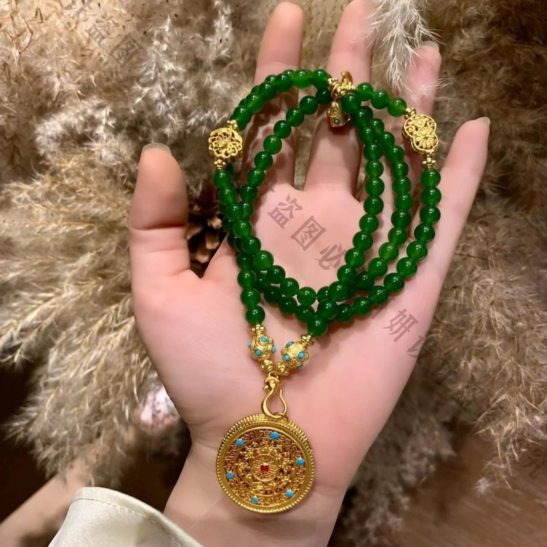 铜合金项链 新中式国风复古五福圆满绿圆珠项链毛衣链多圈手串