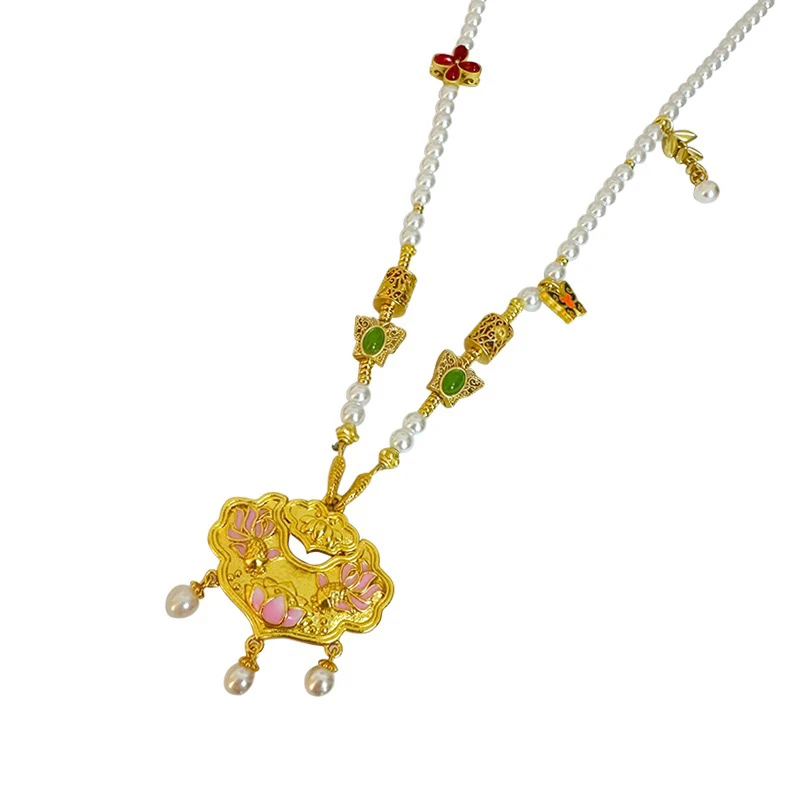 非金属仿珍珠项链 佳佳新款锦鲤锁包项链新中式国风蜜粉吊坠项链