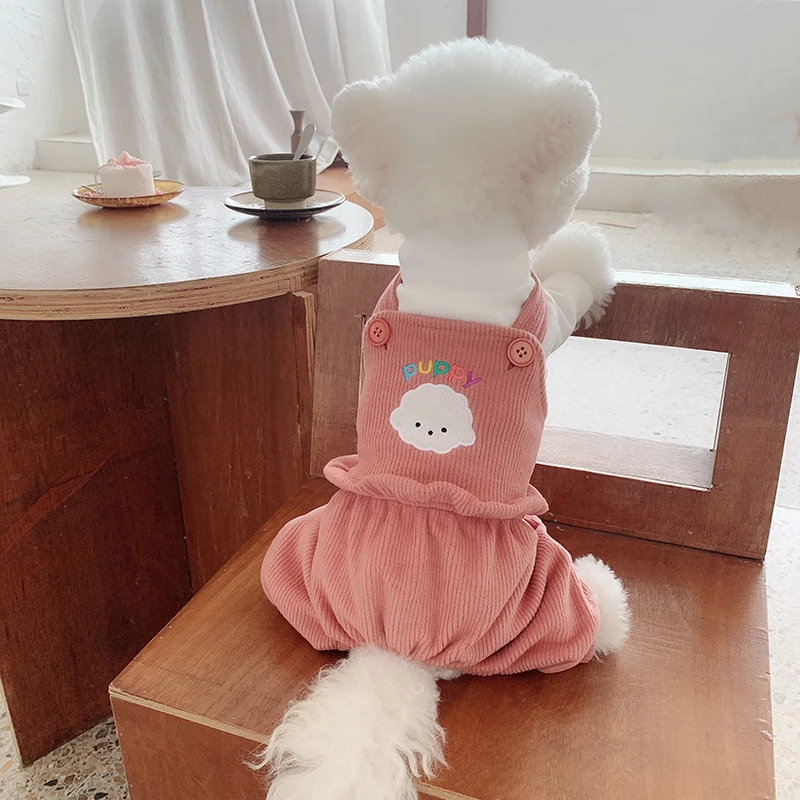 秋冬款宠物衣服灯芯绒绣花背带裤泰迪比熊狗狗衣服保暖裤通用服饰