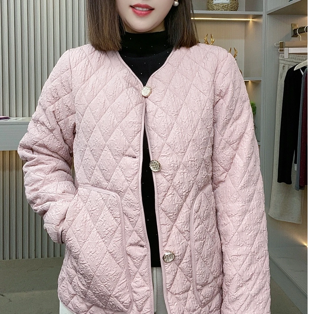 小香风短款棉服时尚轻薄菱形格肌理感休闲薄棉衣秋冬百搭