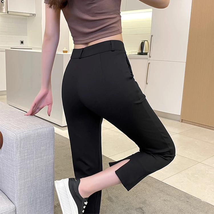 开叉西装裤女夏季垂感八分小个子显瘦黑色休闲直筒西裤九分烟管裤