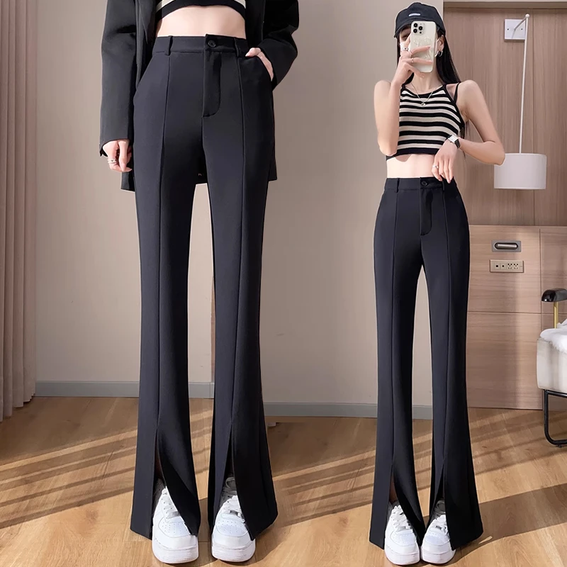 开叉微喇叭裤女2025秋季新款黑色高腰修身显瘦弹力小个子西装裤