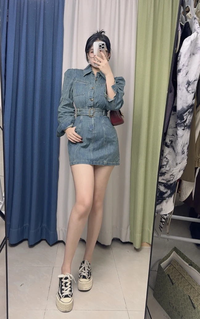 主播同款早秋货港风牛仔连衣裙