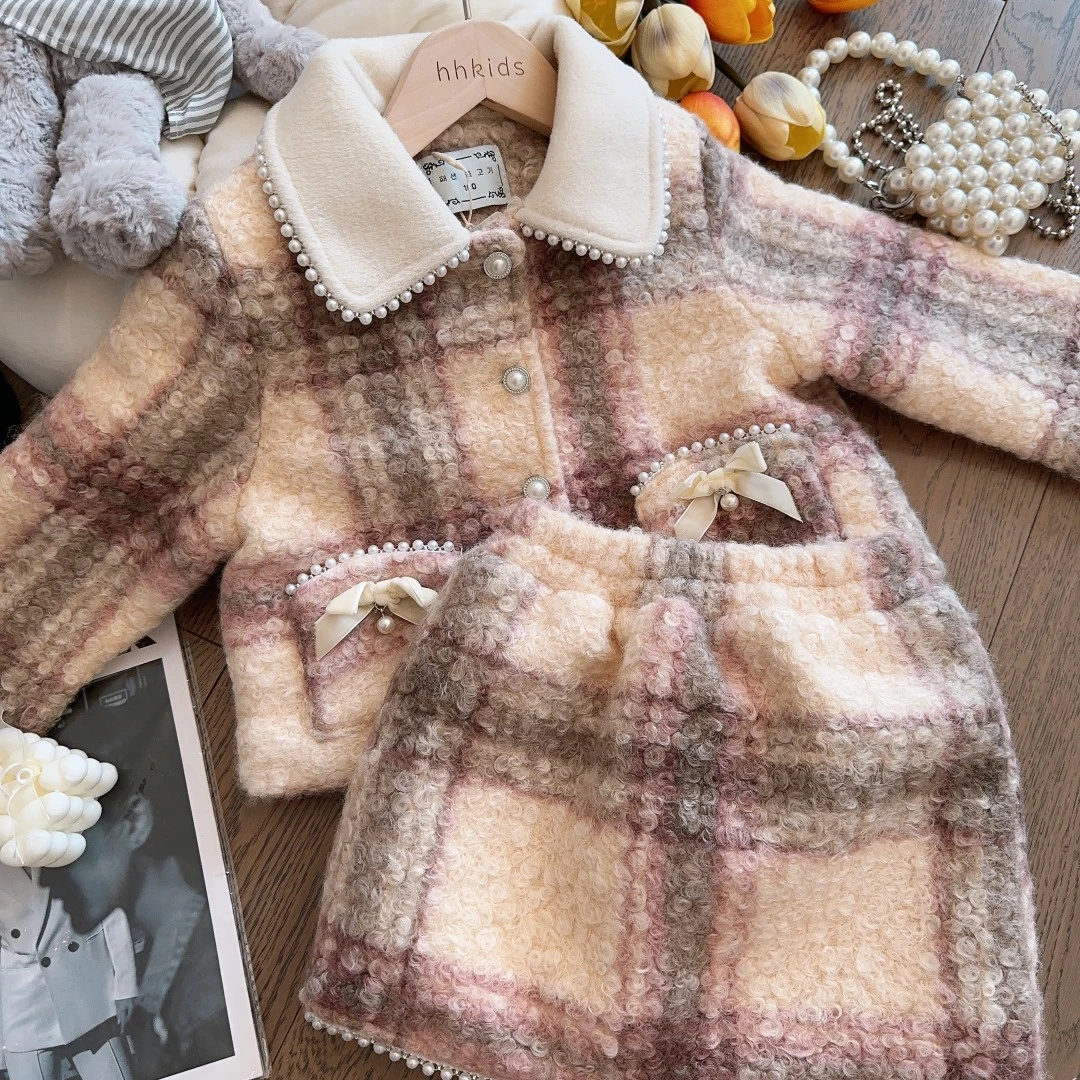 HHkids女童复古格子夹棉套装2023冬新编织小香风气质两件套GTZ543