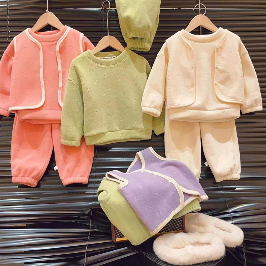 【现货】女童加绒睡衣套装2023冬装儿童双面绒家居服三件套HTZ114
