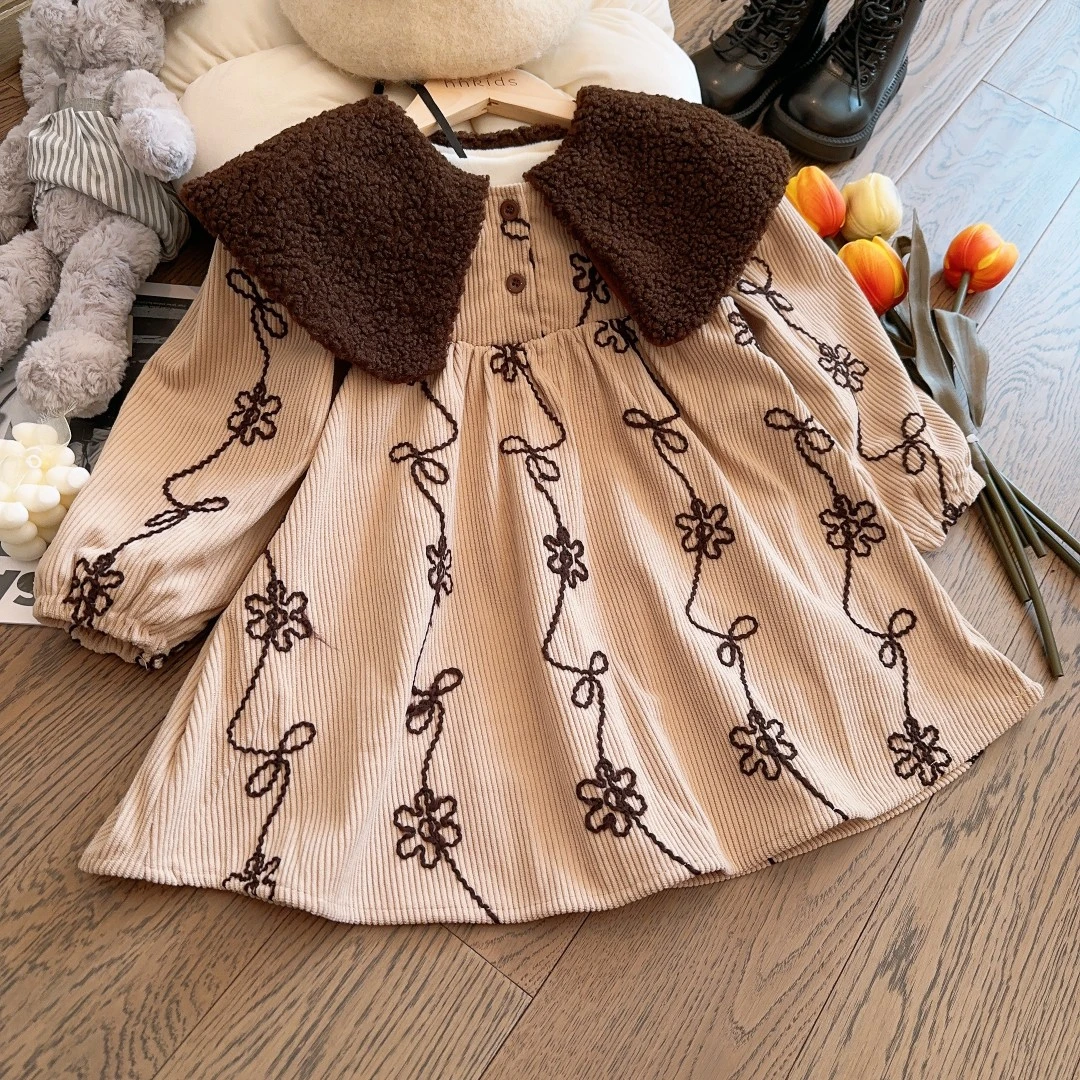 HHkids女童韩版翻领连衣裙2023新款复古立体刺绣灯芯绒裙子FQZ206