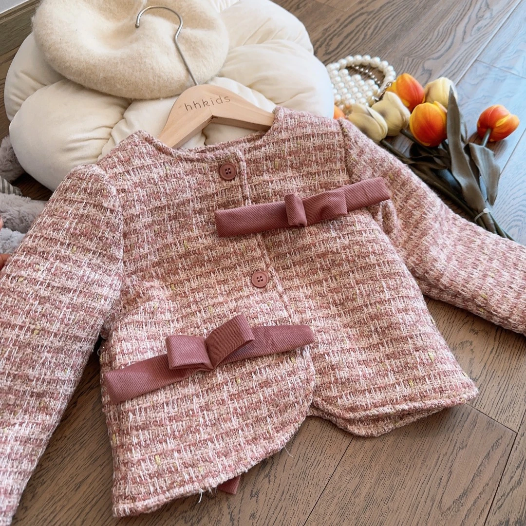 HHkids童装女童法式小香风外套洋气宝宝甜美蝴蝶结编织上衣DWT405