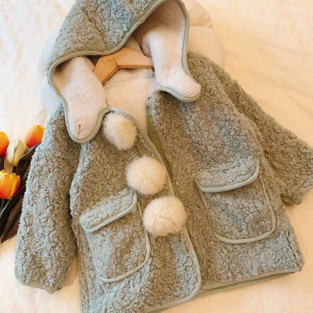 hhkids女童冬季立体大球球毛毛长款连帽外套2023秋冬新款FWT405