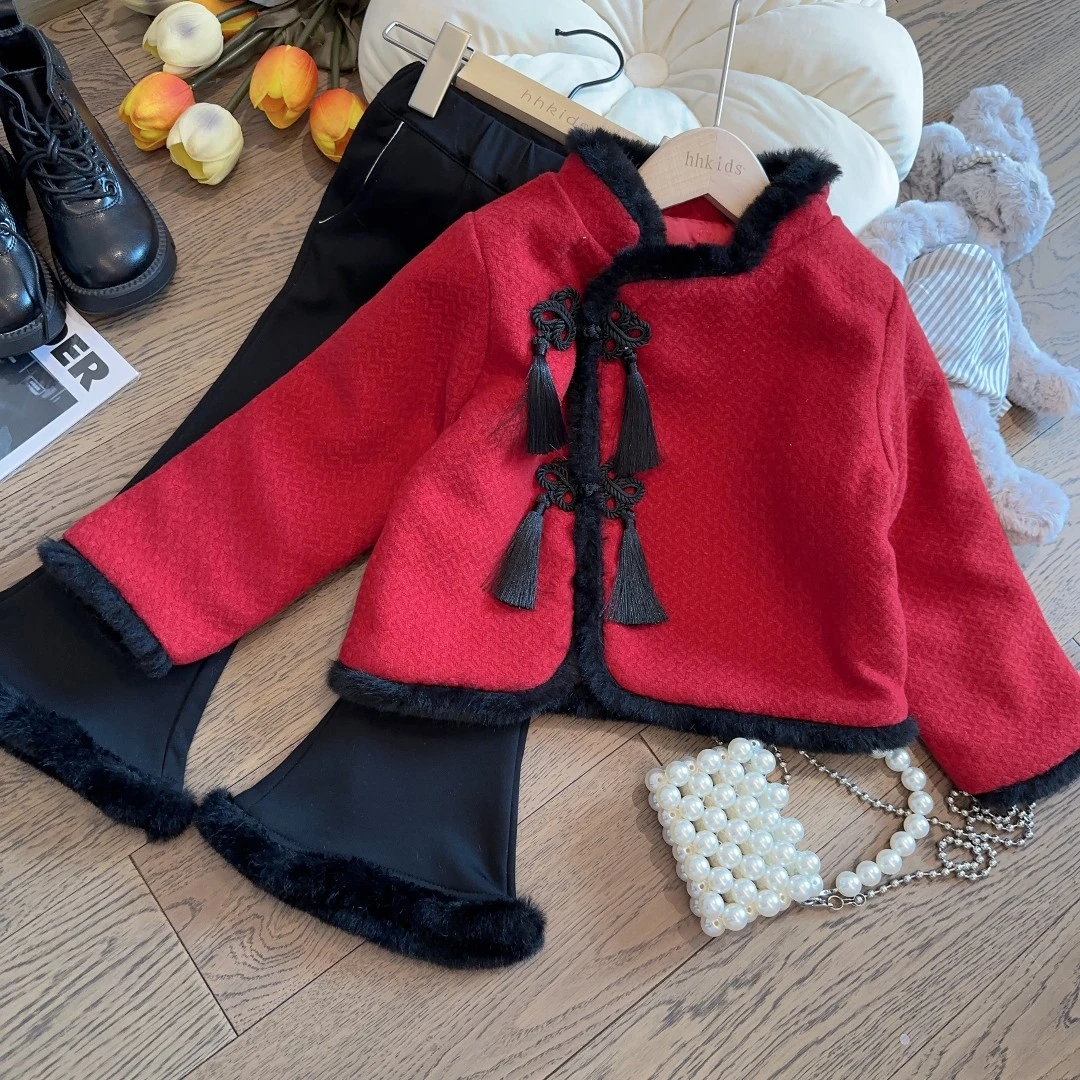HHkids女童拜年服2023冬季红色上衣喇叭裤套装盘扣新年衣服DTZ615