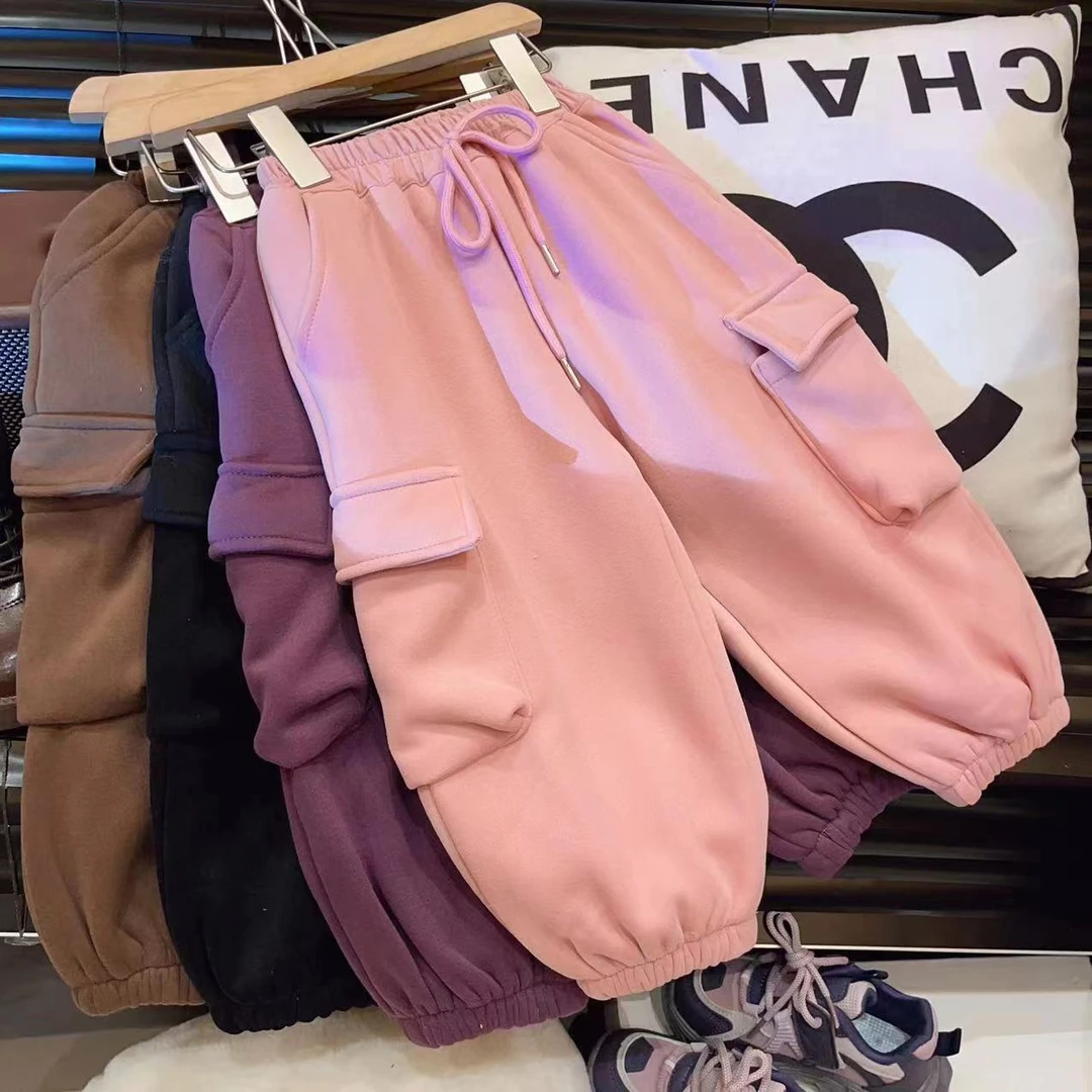 HHkids女童加绒裤子秋冬款儿童休闲卫裤女加厚保暖工装裤EKZ008