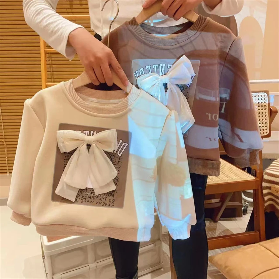 HHkids童装女童卫衣加绒儿童韩版字母大蝴蝶结加厚上衣EWY302