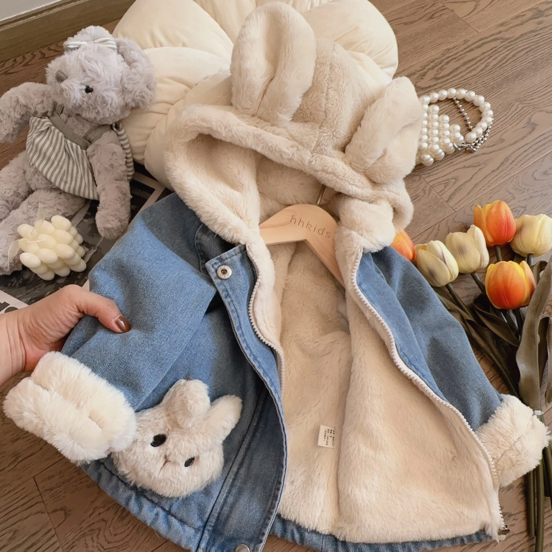 hhkids女童加绒牛仔外套2023新款冬装儿童加厚卡通连帽棉服BWT504