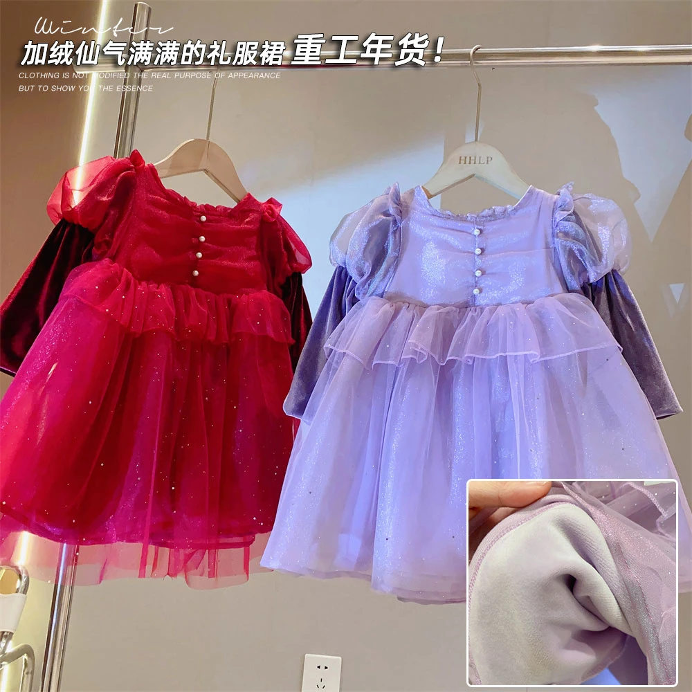 HHkids新年装女童法式泡泡袖拼纱加绒保暖公主裙2022冬装AQZ318