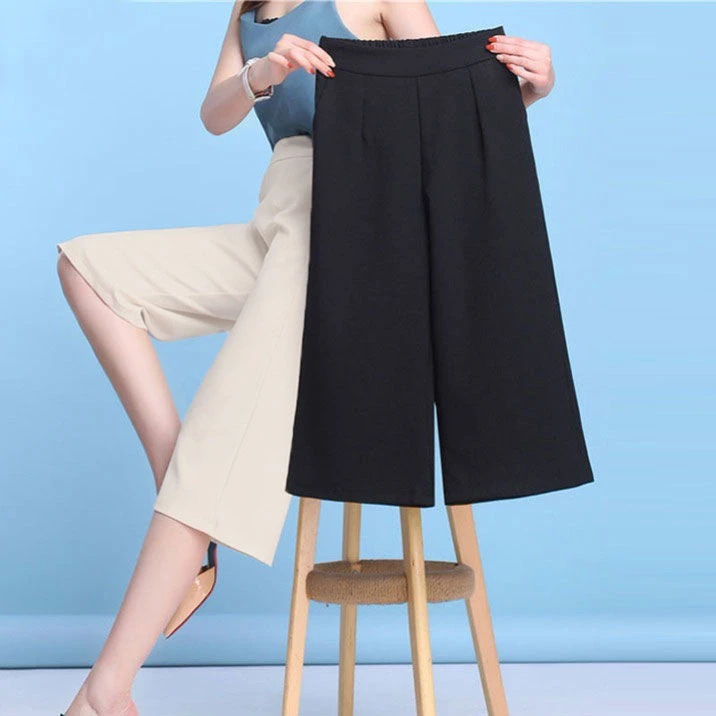 七分阔腿裤女2025夏季薄款松紧高腰垂感宽松休闲黑色显瘦中女裤