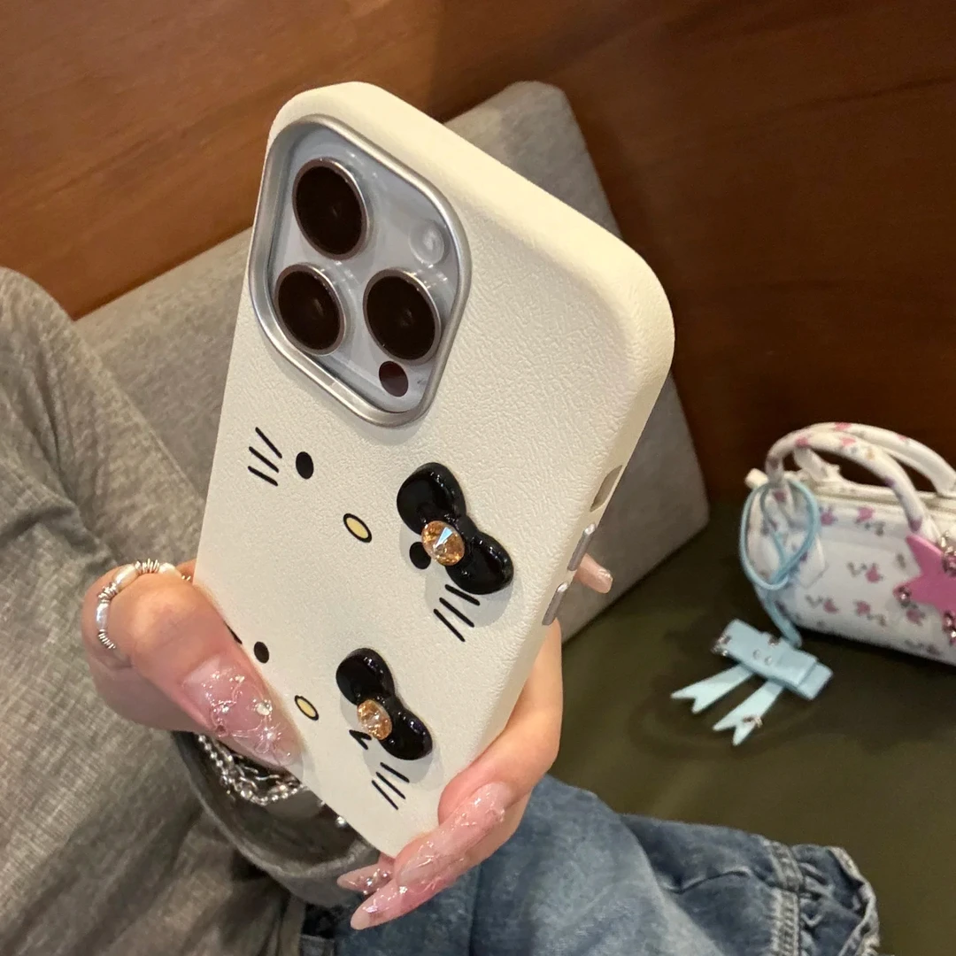 秋冬皮纹二合一表情kt猫适用苹果15promax手机壳简约可爱14少女13