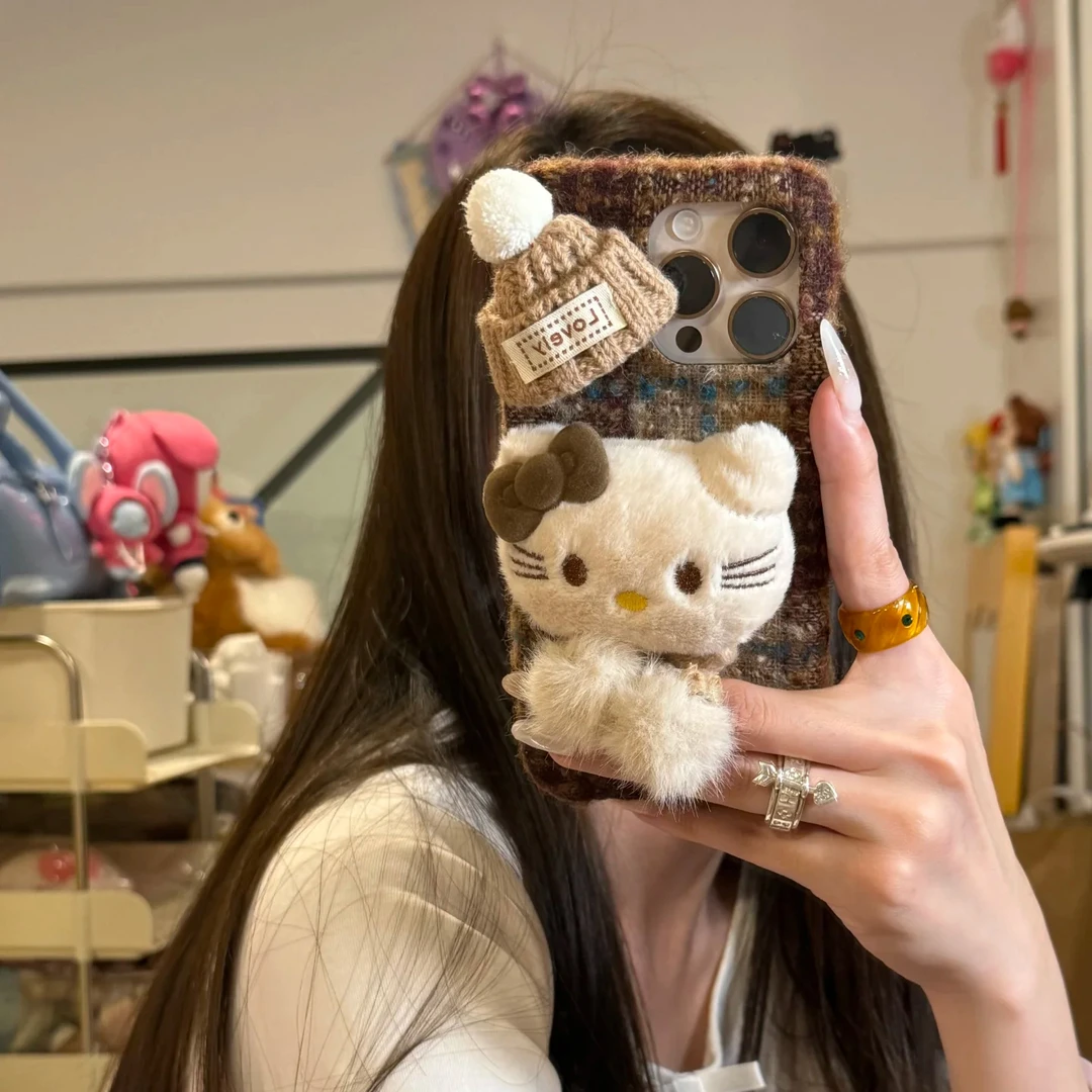 秋冬毛绒针织帽子围巾猫咪适用iPhone16promax手机壳少女可爱新款