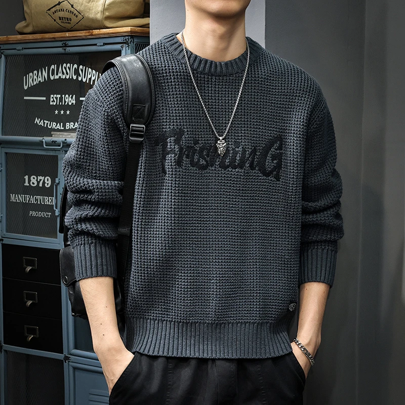 美式复古粗针刺绣菠萝纹男士毛衣秋冬新款重磅加厚圆领休闲针织衫