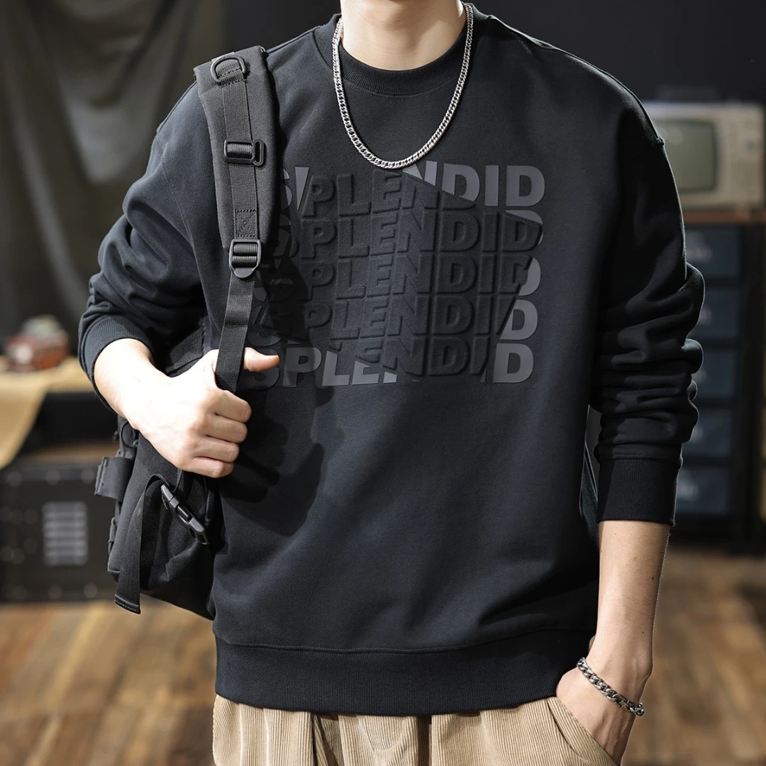 480g重磅加厚钢印圆领卫衣男士秋冬款宽松大码美式潮流上衣外套潮