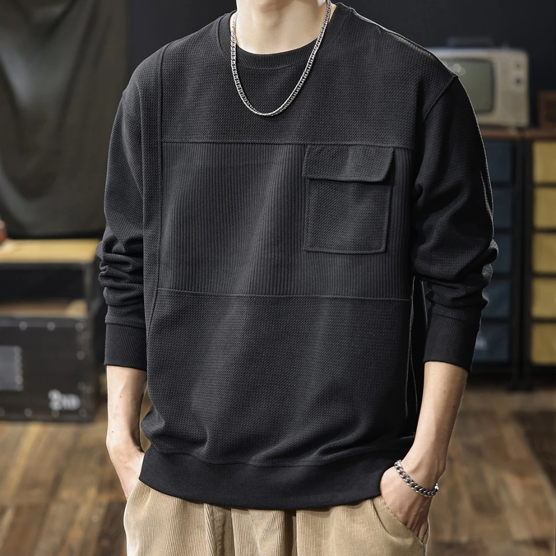 质感条绒重磅拼接圆领卫衣男士秋冬款宽松大码美式复古长袖上衣潮