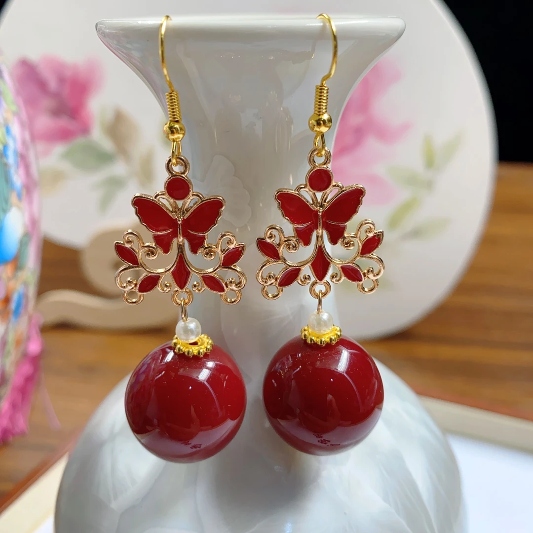 铜合金合成锆石耳饰 101号国风原创饰品红色圆球耳坠气质百搭手工