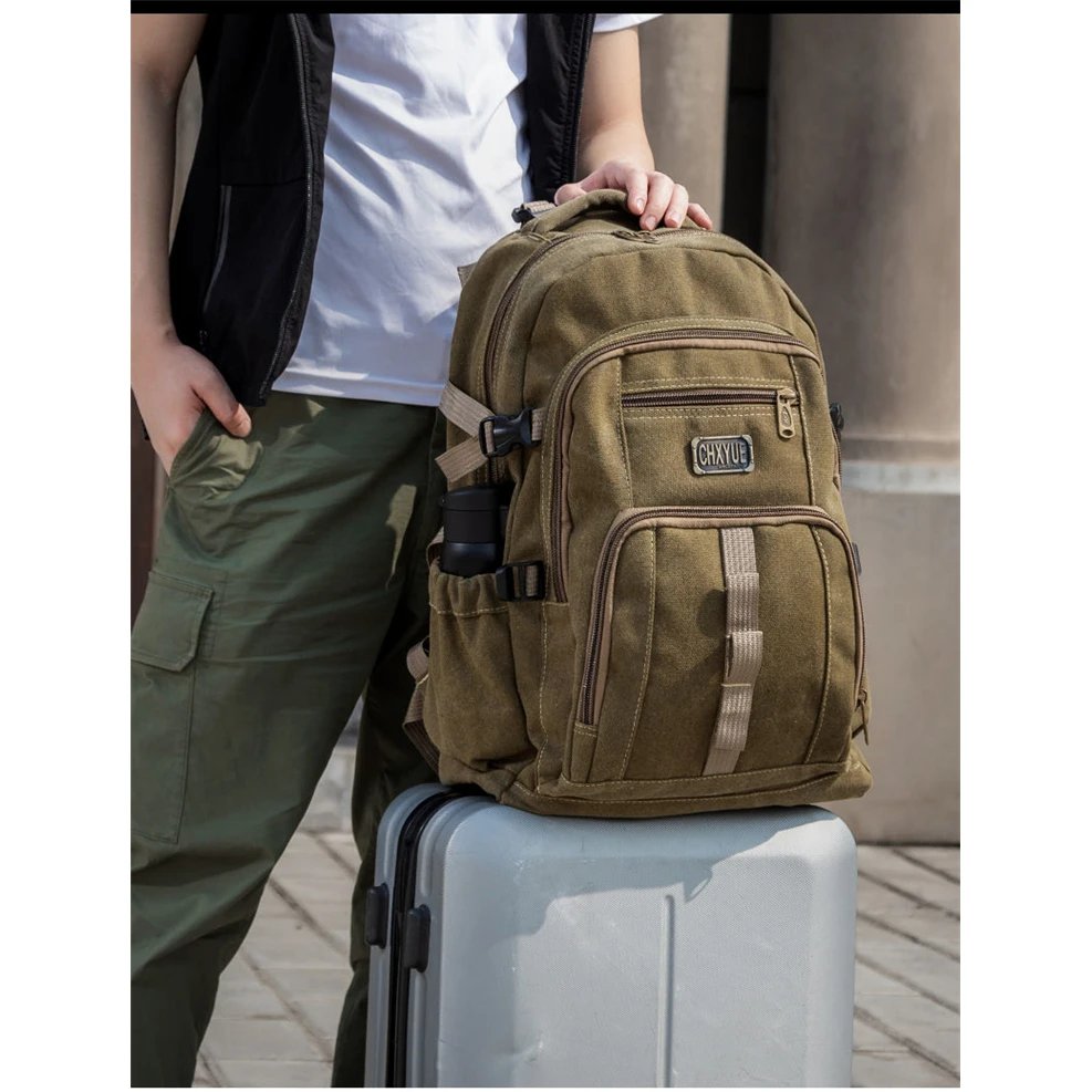 耐用轻便加厚帆布双肩背包男中学生书包复古时尚潮流旅行登山包