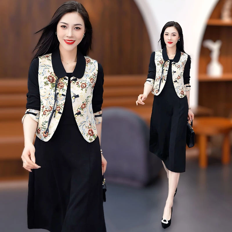 春秋马甲两件套连衣裙2024秋装新款女装秋天洋气显瘦女士套装裙子