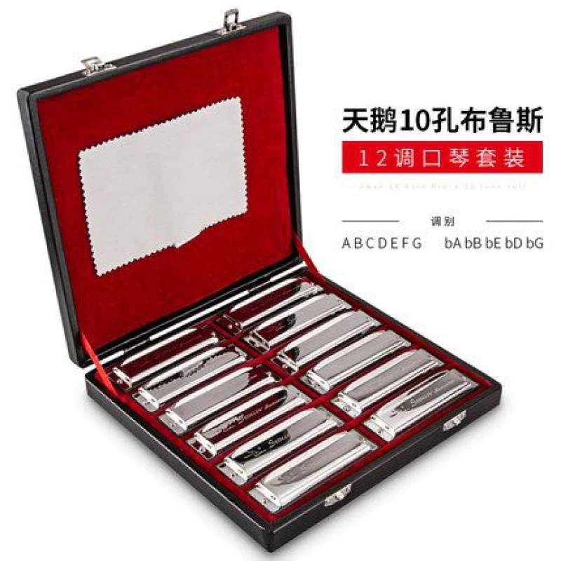 天鹅10孔布鲁斯口琴 全音阶蓝调十孔 7调/12调套装ABCDEFG调口琴