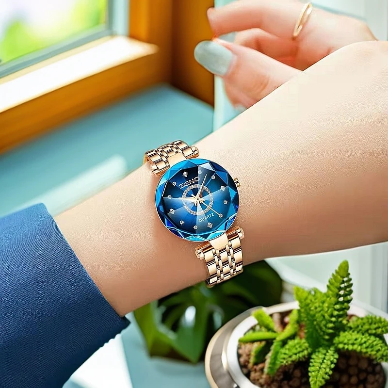 女士手表轻奢防水石英表海洋之心圆形女钢带嵌钻气质腕表潮流腕表