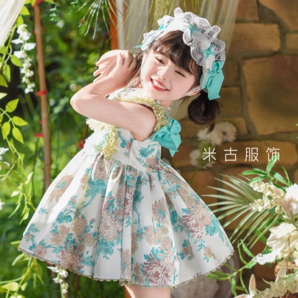女童原创青花枝新中式印花公主裙洛丽塔连衣裙可爱洋气西班牙童装