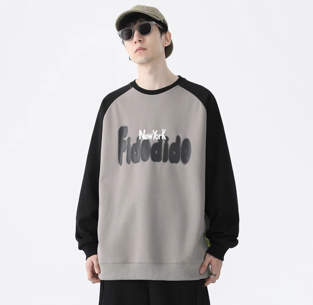 【淳山】七喜字母Logo印花插肩袖撞色拼接圆领套头卫衣 男女同款