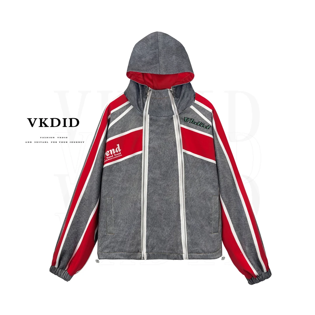 VKDID原创设计蝙蝠袖潮流加厚时尚韩版百搭连帽拉链机车撞色外套