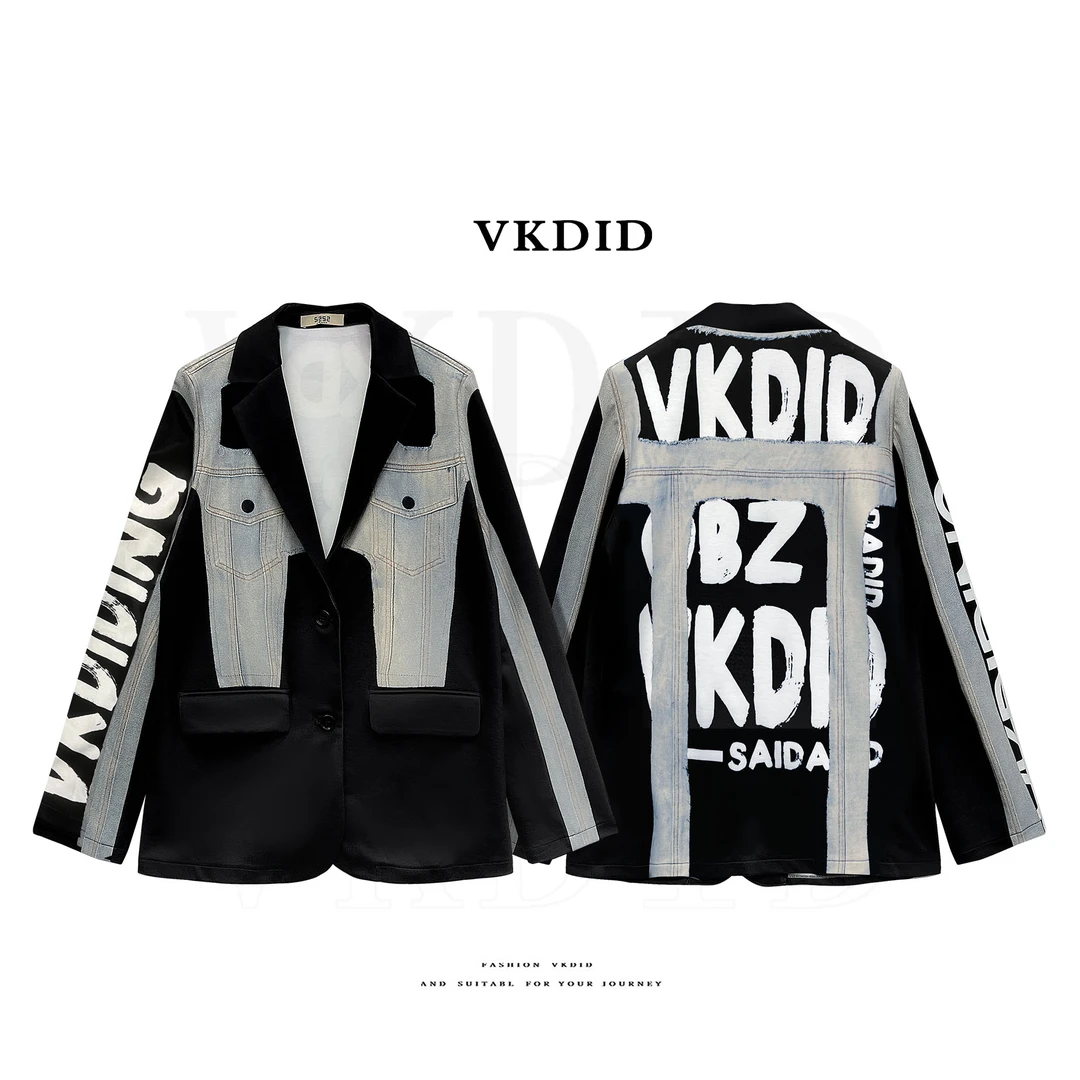 VKDID秋冬季韩版黑色潮流拼接牛仔设计时尚简约休闲气质重工西装