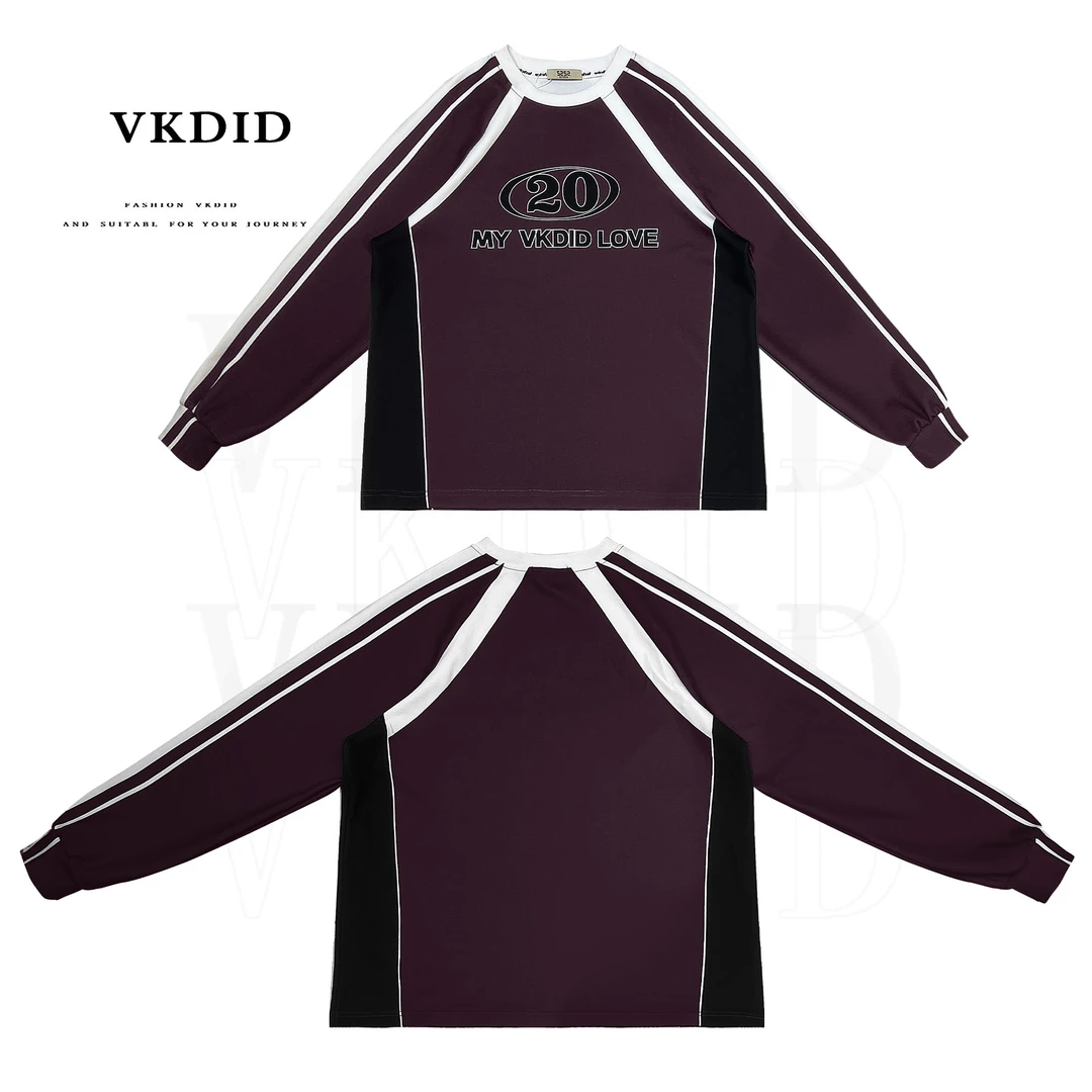 VKDID原创美式潮流穿搭圆领宽松时尚拼接街头字母插肩长袖上衣T恤