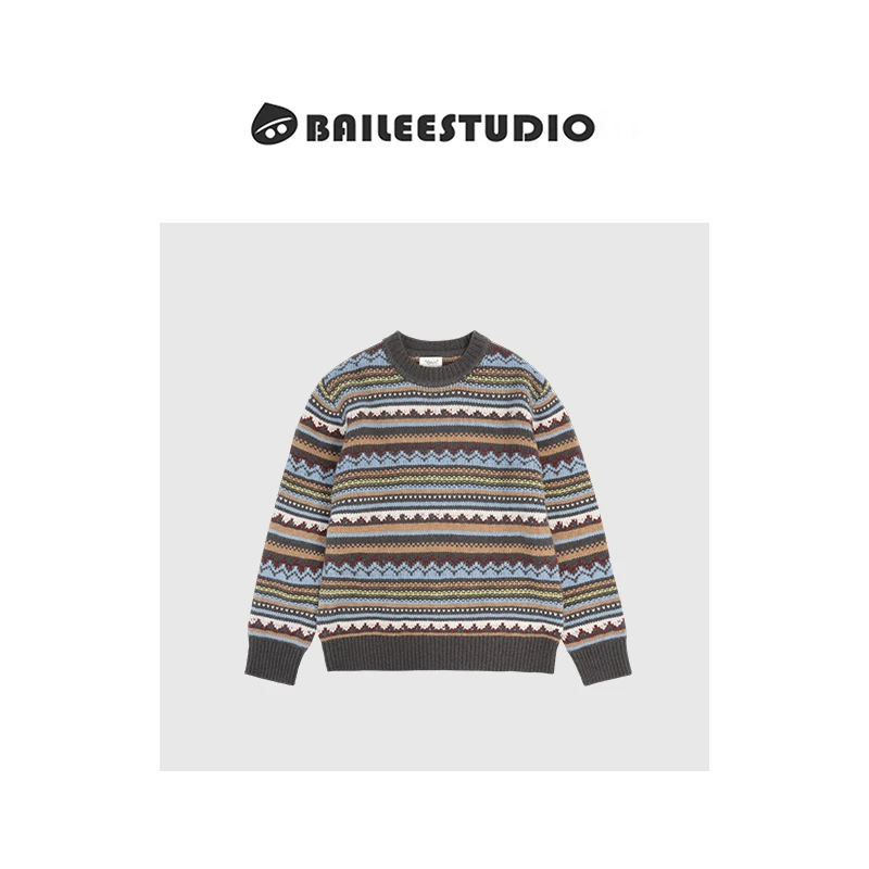 【柏栗良品】冬季新品~菲尔岛圆领套头长袖保暖撞色毛衣72350