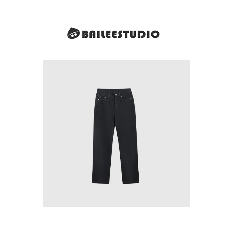 【柏栗良品】秋冬新款~简约百搭经典中腰百搭直筒休闲牛仔裤815672