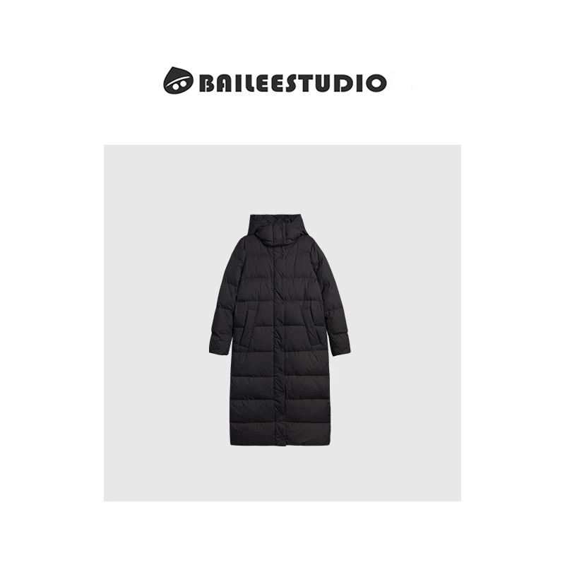 【柏栗良品】冬季九格衍缝长款泡芙软糯鹅绒保暖羽绒服外套24088