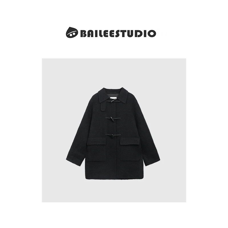 【柏栗良品】时尚小众设计师款氛围感苏丽牛角扣毛呢外套230212