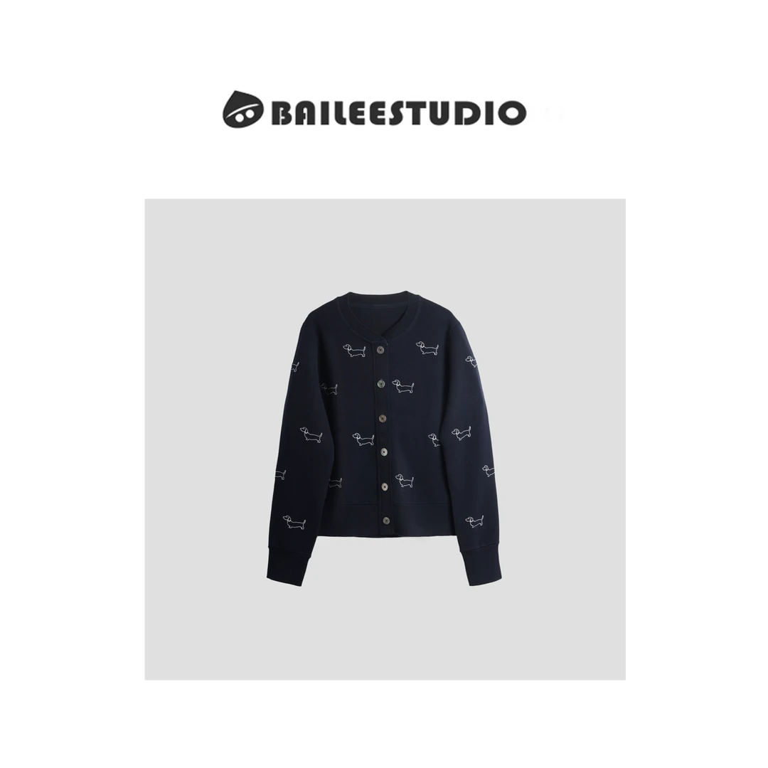 【柏栗良品】学院风英伦气质减龄刺绣腊肠狗撞色针织开衫款外套6398