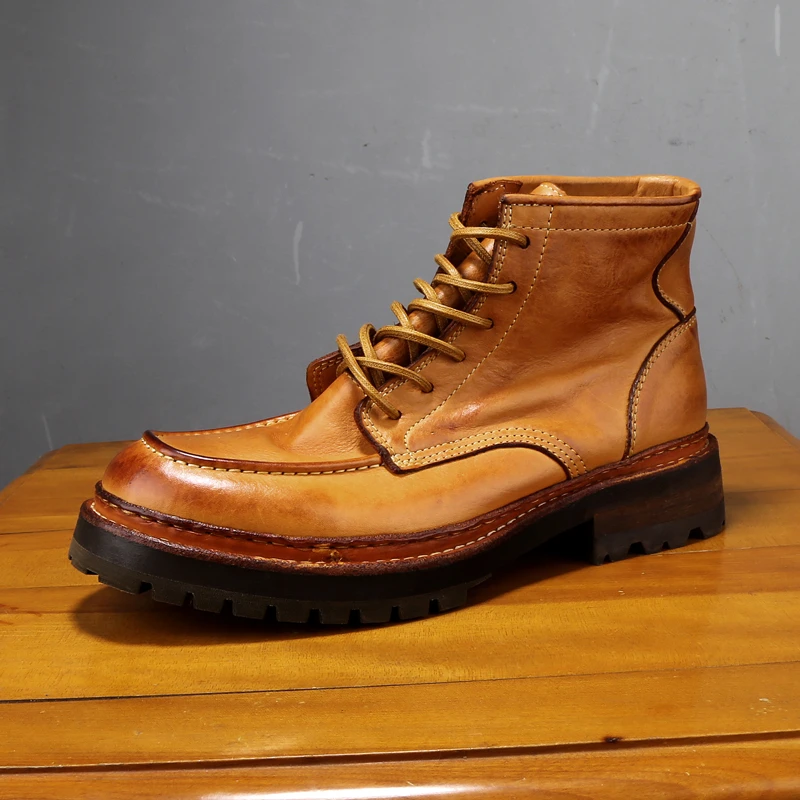 高端手工水洗复古做旧真皮875增高工装靴休闲男士高帮男鞋马丁靴