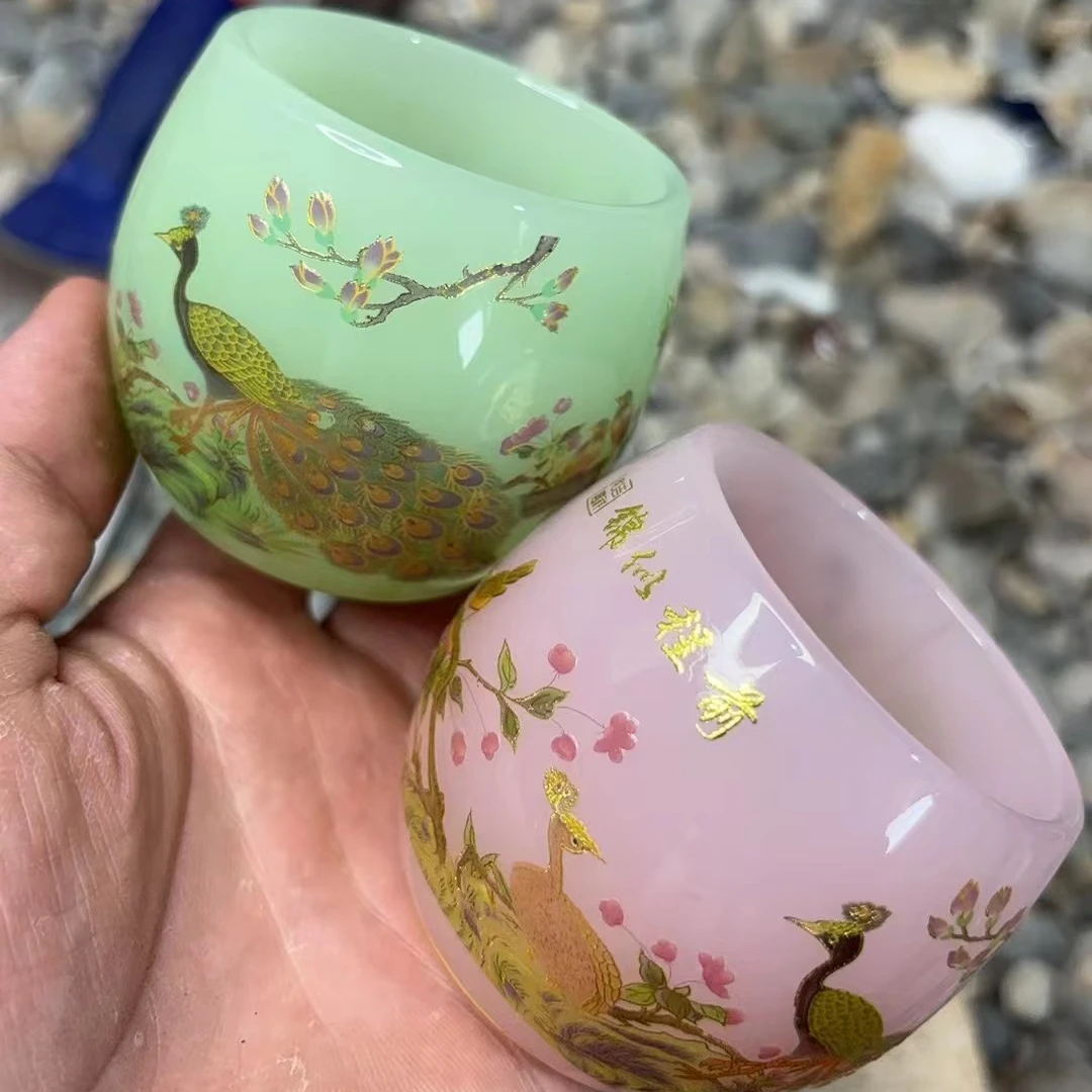 E【闪购商品】绿粉孔雀琉璃对杯 精美无暇 茶器 茶杯 主人杯（无礼盒