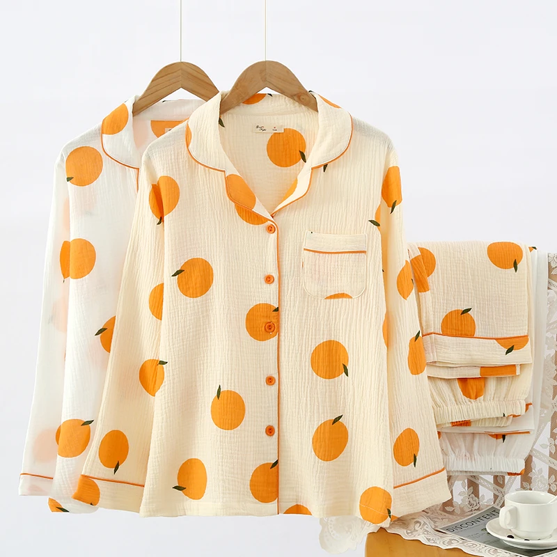 纯棉翻领大码休闲桔子春秋睡衣长袖绉布家居服套装橘子简约经典款