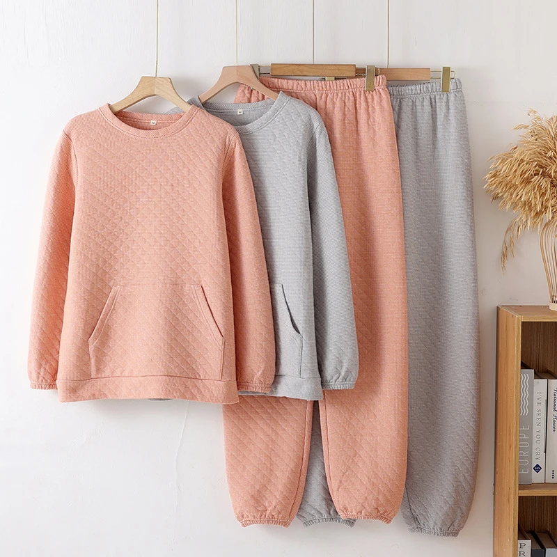 秋冬季空气棉圆领套头情侣睡衣套装三层加厚保暖女卫衣家居服套装