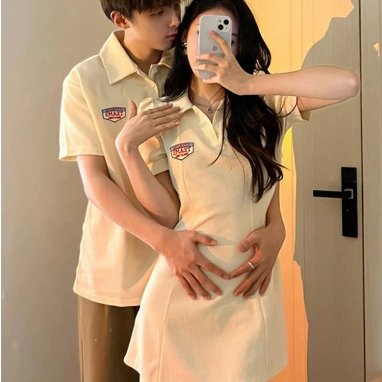 情侣装夏季短袖一衣一裙辣妹连衣裙法式高级感学院风杏色显白套装