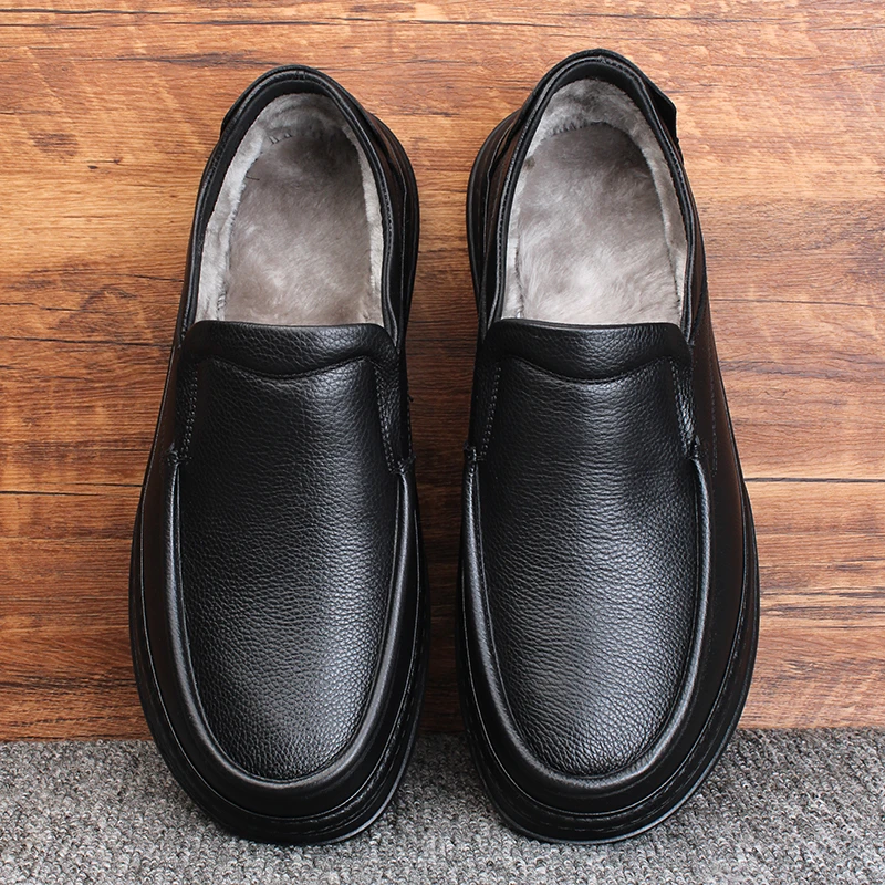 冬季加绒保暖商务休闲皮鞋男真牛皮软底圆头中老年人爸爸鞋一脚蹬