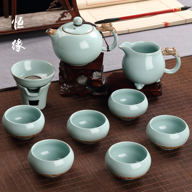 汝窑天青色茶具套装陶瓷功夫茶具开片可养家用中式西施壶礼盒套装